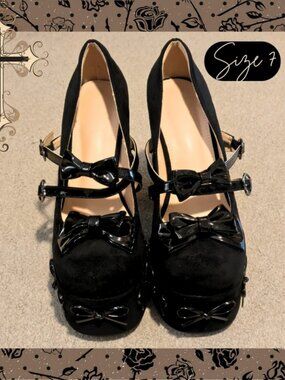 Gothic Lolita Dollcore Suede Bow Platform Heels Mary Jane Black Size 7